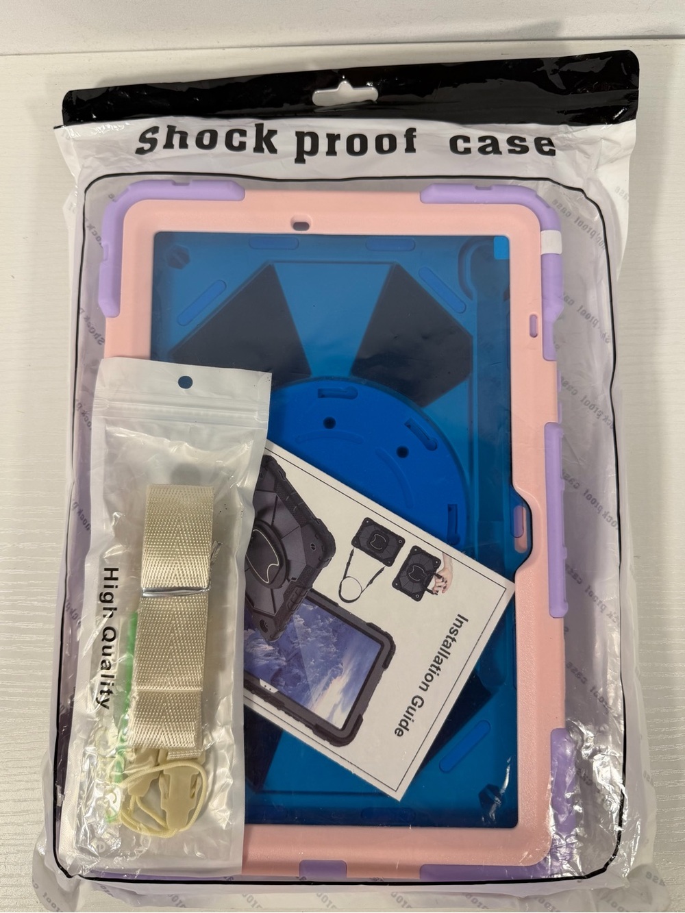 NIP Shockproof Tablet Case Purple Pink Rotating Stand Hand Shoulder Strap